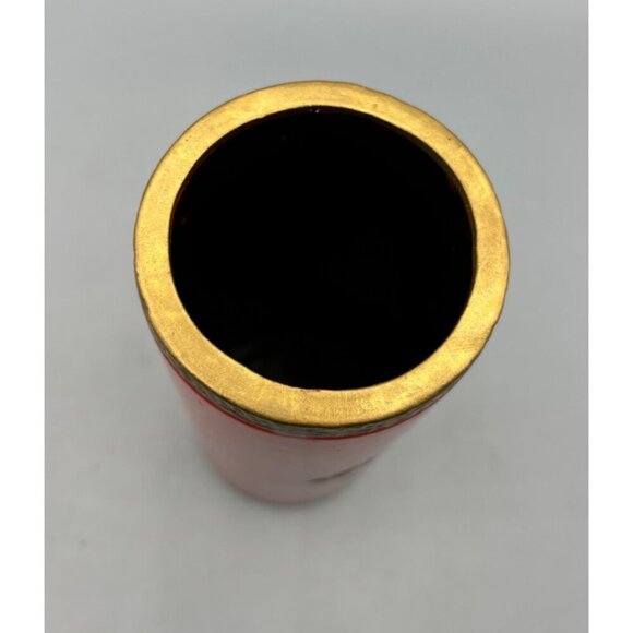 Vtg Norleans Japanese Red Orange Gold Ceramic Vase Painted Landscape Design - Picture 5 of 7